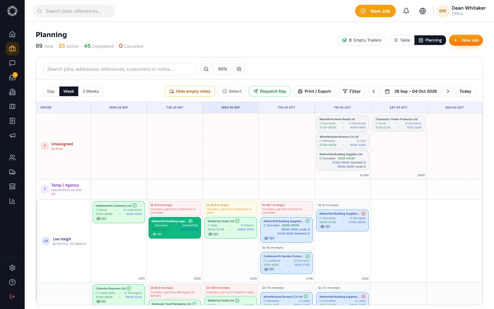 The HOSS planning board for a week, jobs arranged by driver and day.